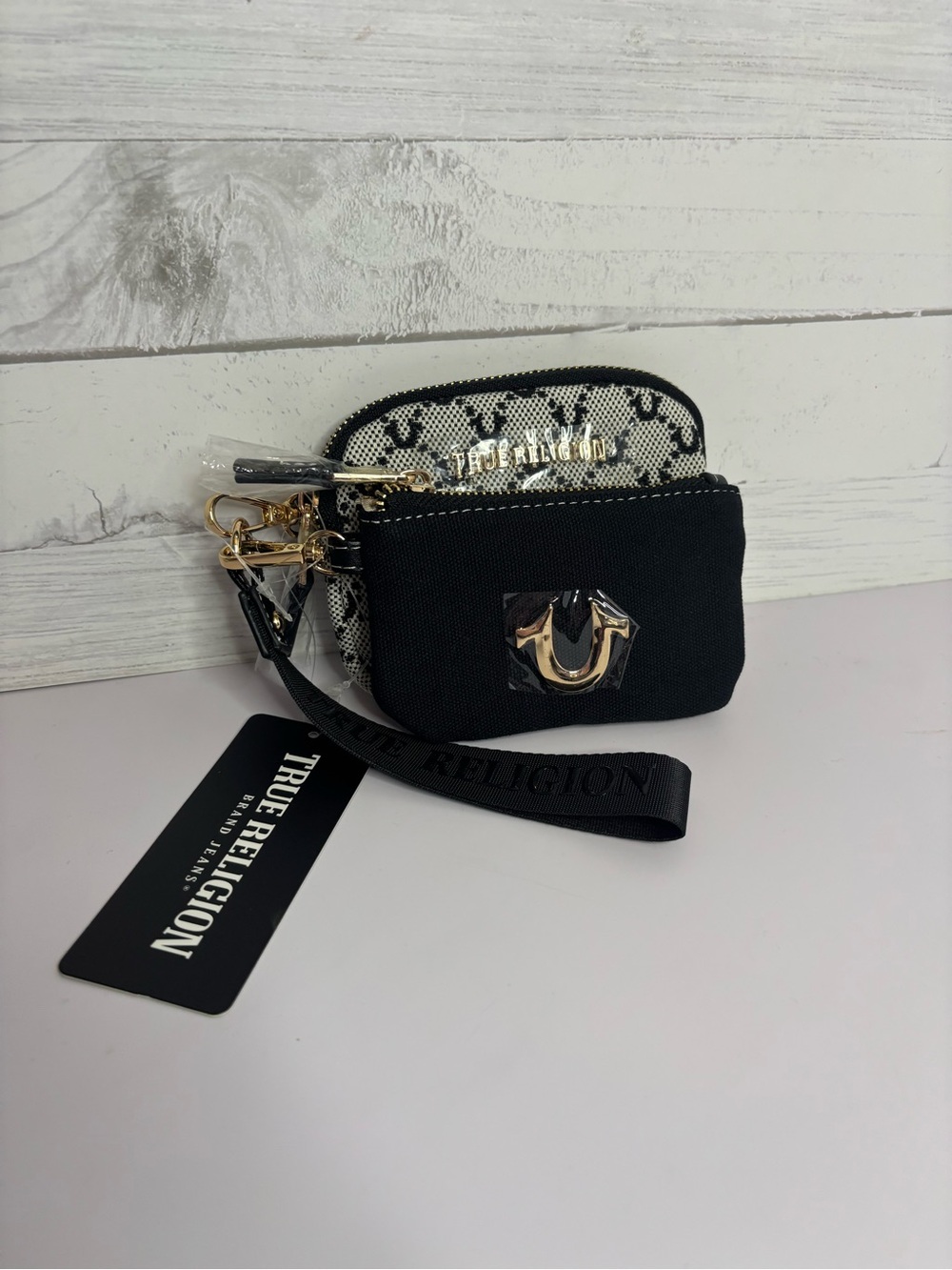 True Religion Black & White Logo Wristlet + Cardholder with Gold Accent